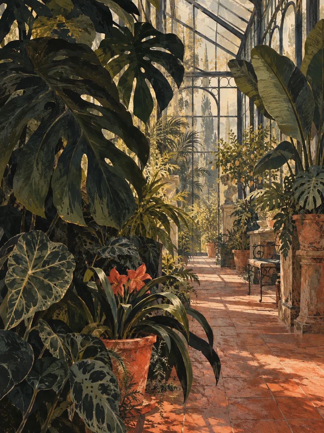 Sunlight falls through an old greenhouse onto layered leaves and terracotta tiles